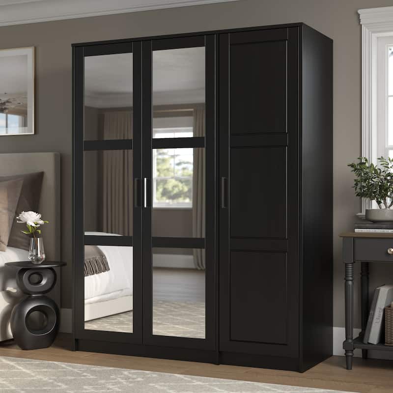 Palace Imports 100% Solid Wood Urban 3-door Wardrobe with Solid and Mirrored Doors - Black - Mirrored