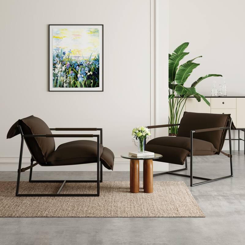 Fabric Accent Chair Metal Framed Sling Armchair Set of 2 - Brown