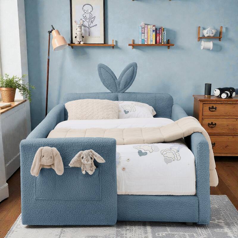 Twin Size Upholstered Platform Bed with Rabbit Ear Headboard, Kids Boucle Fabric Bed Frame with Safety Rail and Pocket