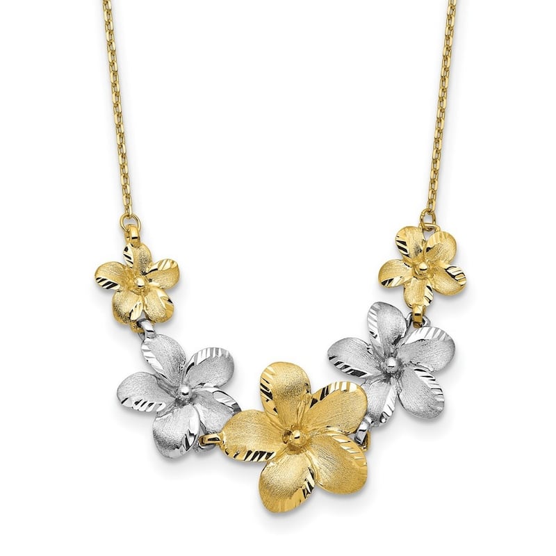 Curata 10k Italian Two tone Gold Polished/Brushed D/C Plumeria Flower Necklace (14mm) (Spring-ring), 18"