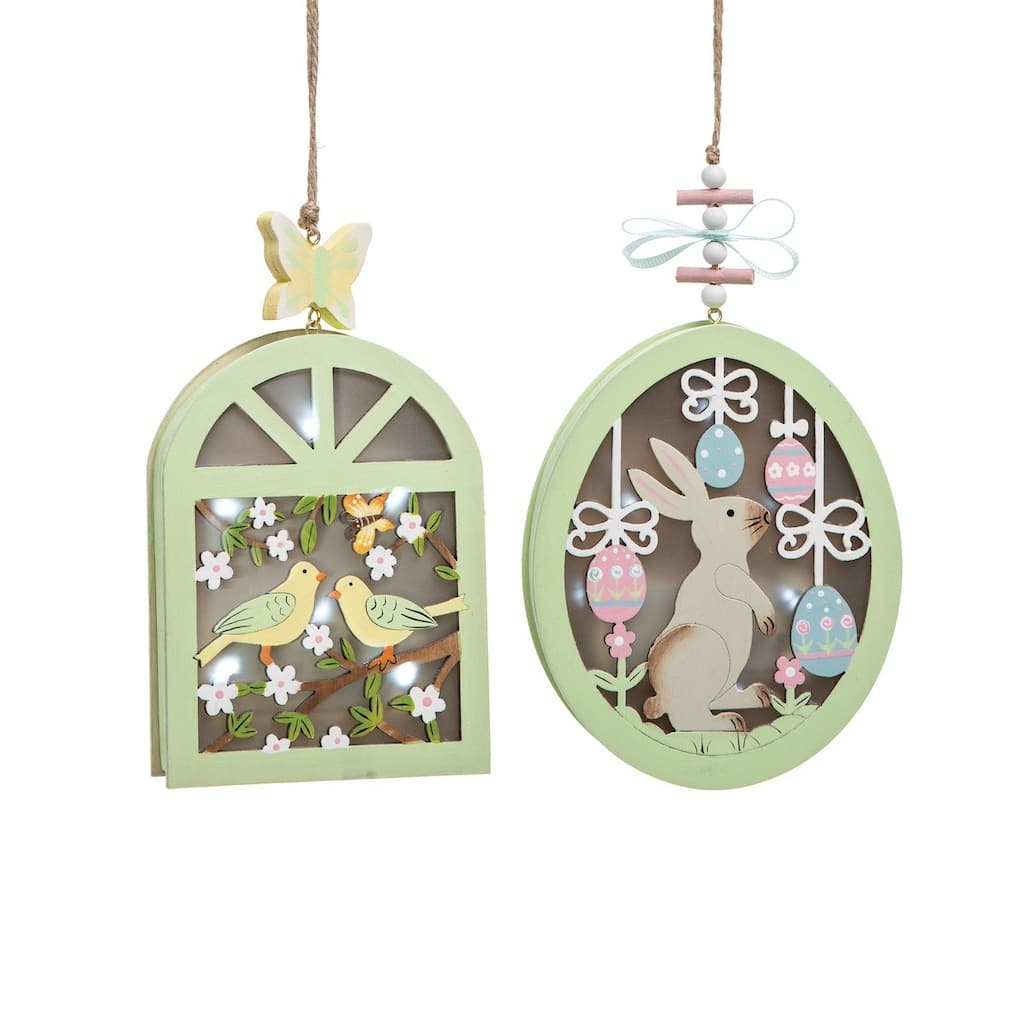 Spring Easter Bunny Rabbit Shadowbox Light-Up LED Ornament Decoration S/2 - Green - Set of 2