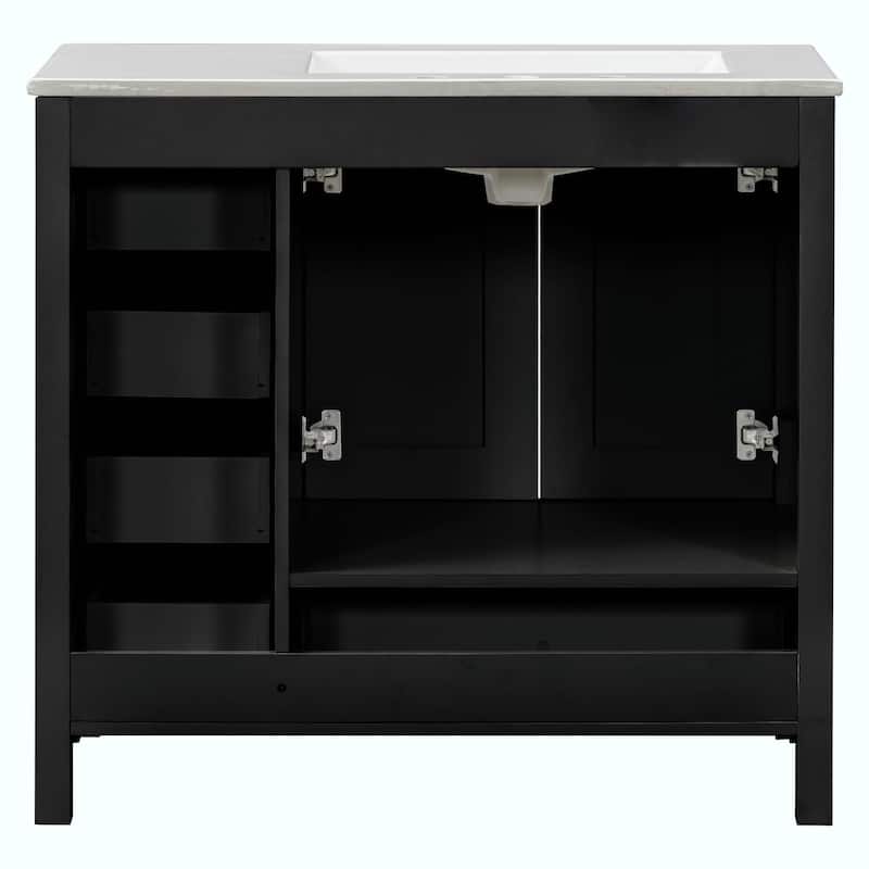 36" White Bathroom Vanity with Ceramic Sink Combo, Ample Storage Cabinet - 2 Soft-Close Doors and 5 Drawers