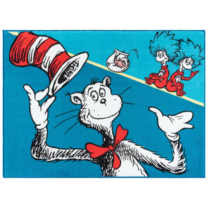 Licensed Dr Seuss Cat in the Hat Blue Red White Easy Care Non-Slip Soft Polyester Kids Rug 3x5 - 3' 4" x 4' 6"
