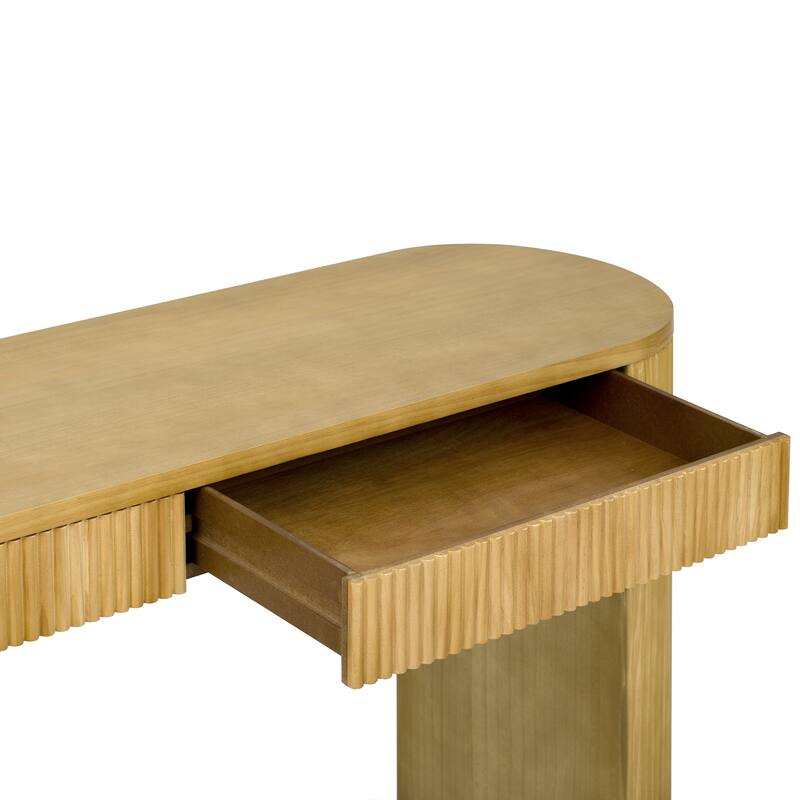 Vintage Pine Veneer Console Table with Vertical Striped Design, 58.2 Inch Entryway Table Living Room Sofa Table with 2 Drawers