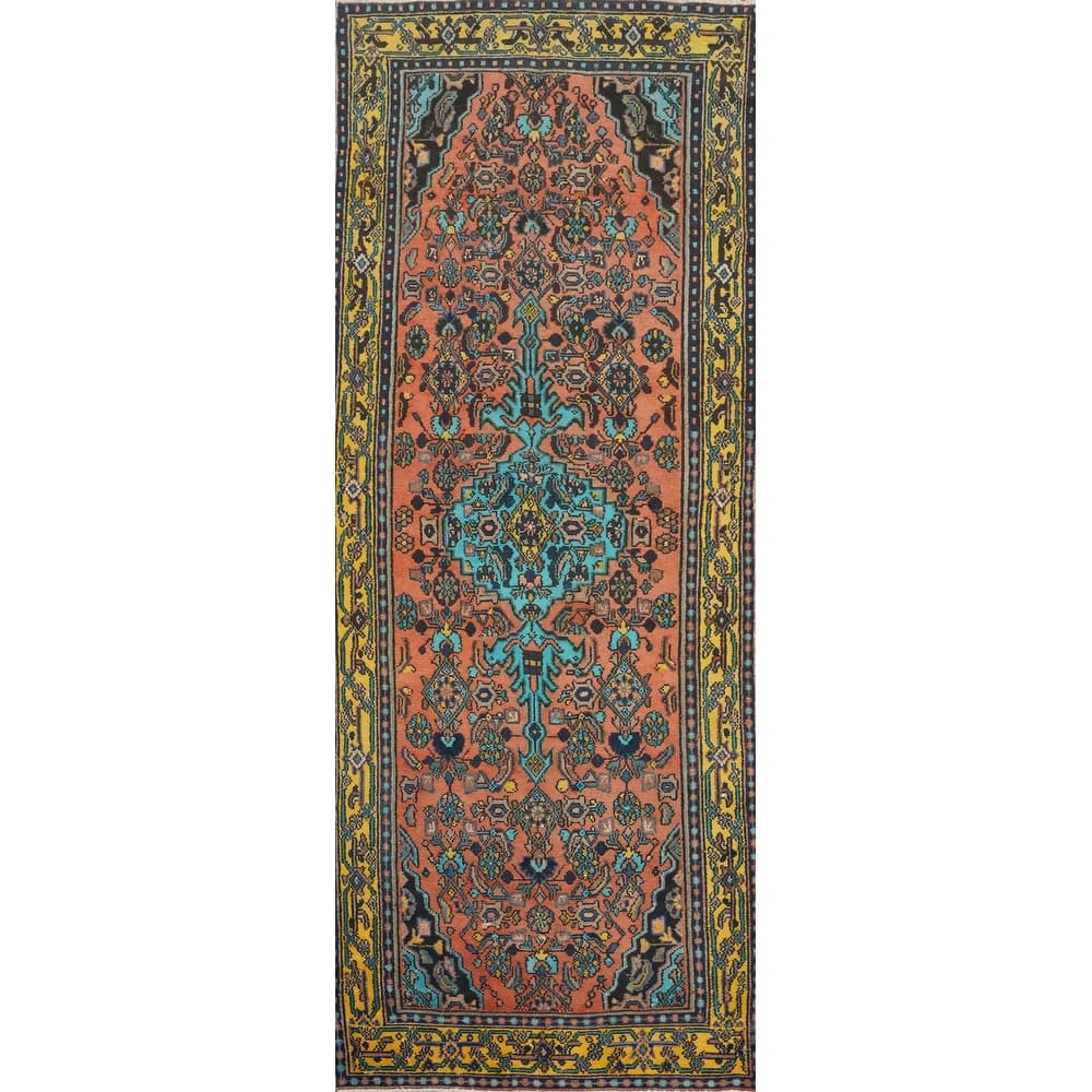 Hand Knotted Oriental 100% Wool Carpet Traditional Floral Oranges & Rust Hamedan Runner Rug - 9' 9'' X 3' 5''