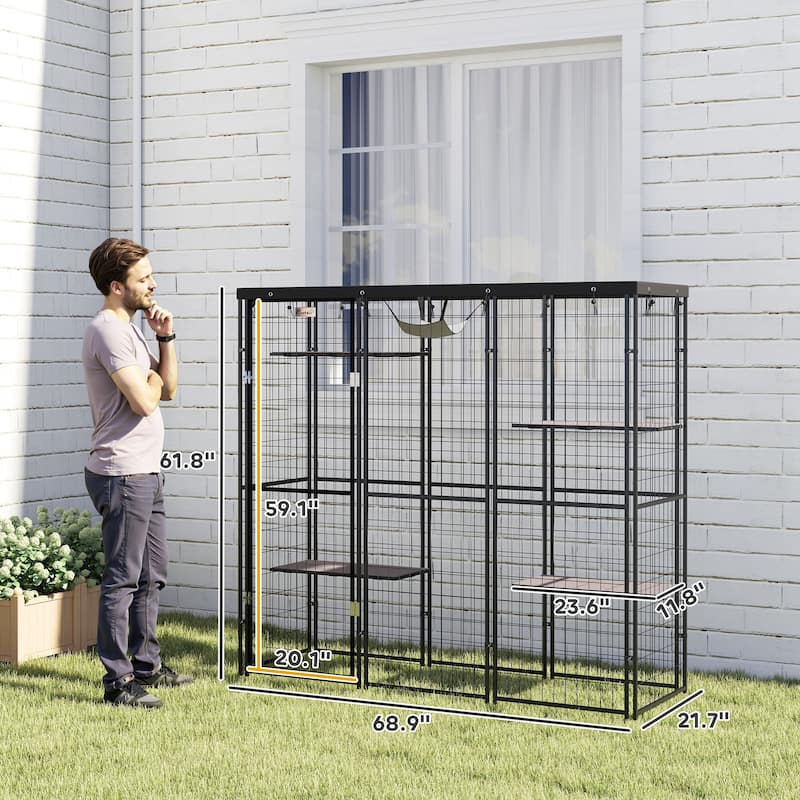 PawHut Weld Wire Catio Outdoor Indoor, Cat Enclosure with Waterproof Cover, 4 Jumping Platforms, Hammock, Black