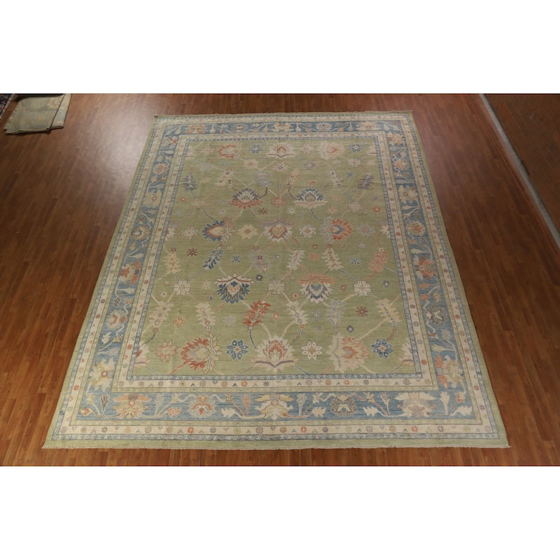 Hand Knotted Oriental 100% Wool Carpet Transitional All-Over Green Oushak Area Rug - 15' 1'' X 12' 2''