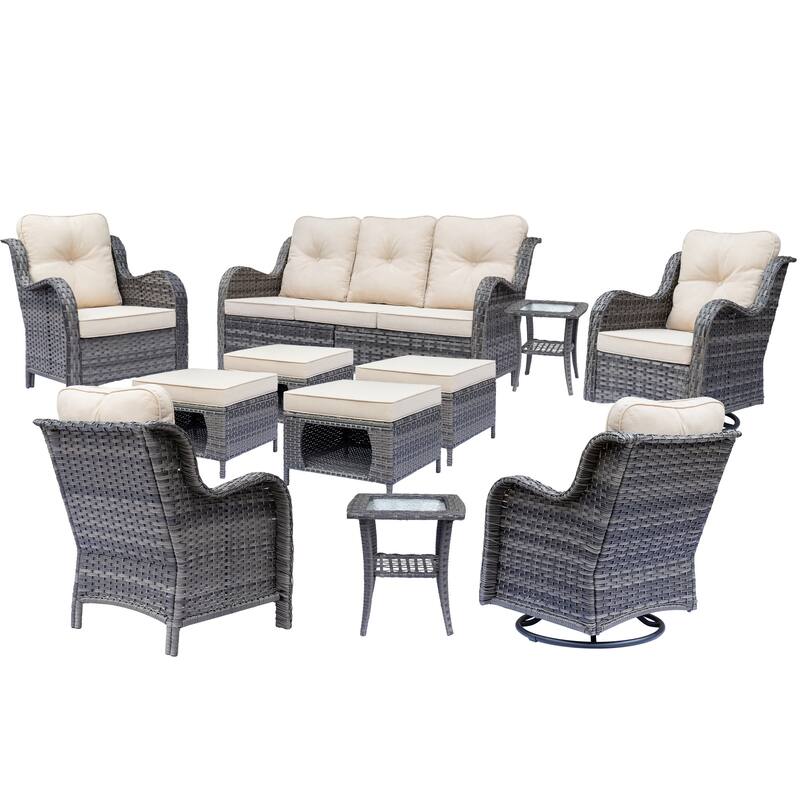 Gray Wicker Outdoor Patio Furniture Set with Swivel Rocker Patio Chairs