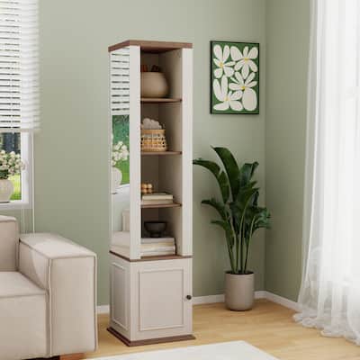 360° Rotating Storage Cabinet with Full-Length Mirror, 8 Open Shelves, Side Hooks & Interior Door Shelf - Antique White.