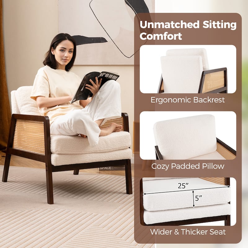Sherpa Reading Side Chair Modern Accent Arm Chair w/Rattan Arms