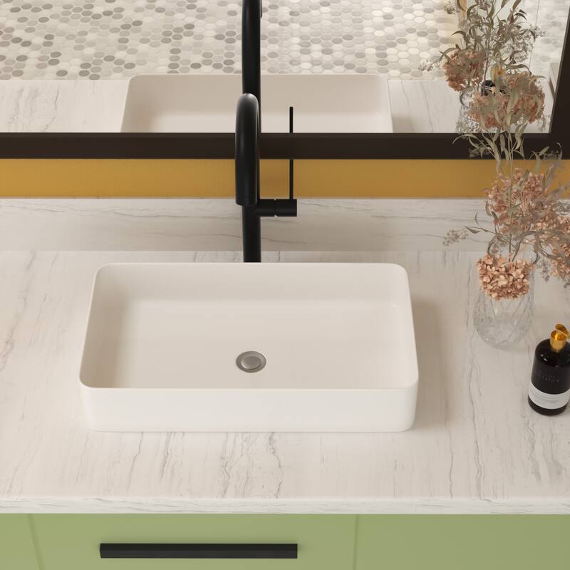 White Ceramic Rectangular Vessel Bathroom Sink - White