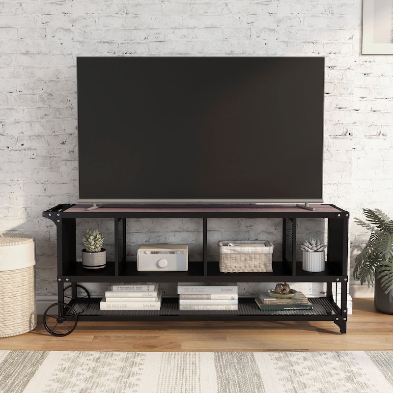 Krueger Rustic Sand Black 68-inch Steel Powder Console with Wire Mesh by Furniture of America