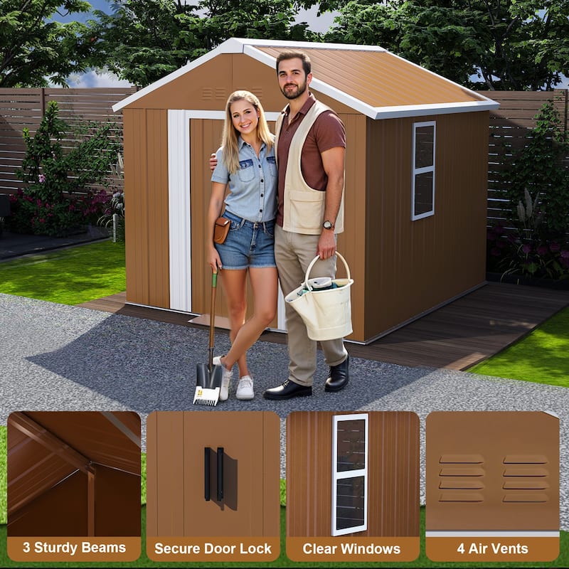 Roomfitters 6x4 FT Metal Storage Shed with Windows, Lockable Sliding Door, Vents & Weatherproof for Garden, Brown - Brown