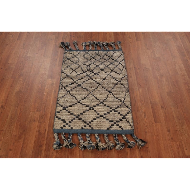 Striped Brown Moroccan Oriental Foyer Rug Hand-Knotted Wool Carpet - 2'0"x 3'0"