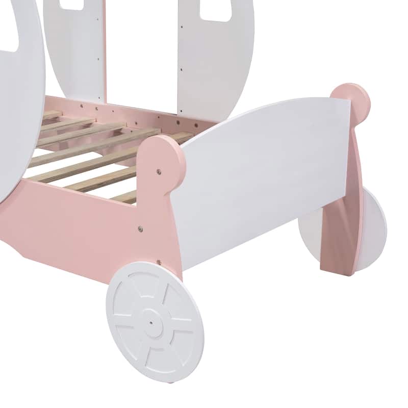 White+Pink Twin size Princess Carriage Bed with Crown,Wood Platform Car