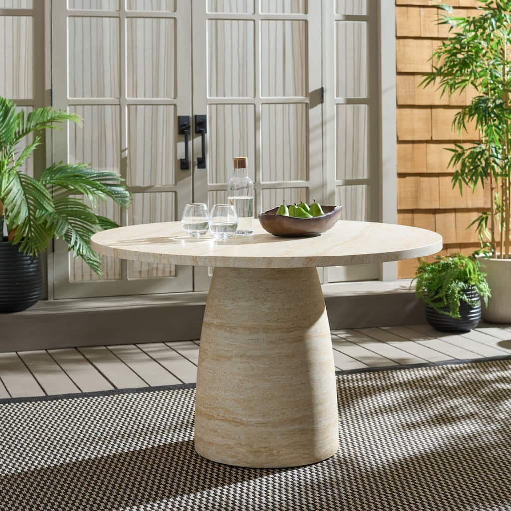 SAFAVIEH Outdoor Patio Furniture Tina Round Pedestal Dining Table, Weather Resistant Outdoor Table for Patio and Garden