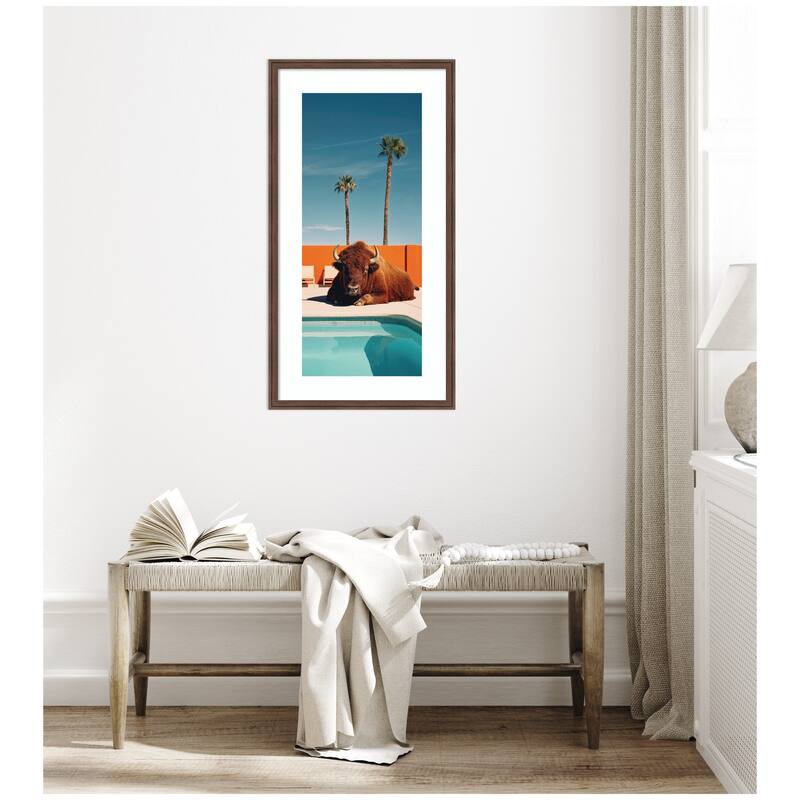 Kate and Laurel Framed Art Bison Chilling by the Pool in California by Michael Schauer