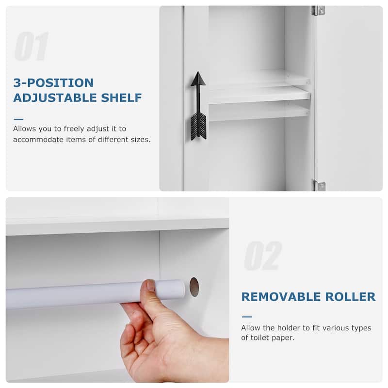 VECELO Bathroom Storage Cabinet, Wooden Floor Cabinet with 2 Doors and Toilet Roll Holder, Adjustable Shelf