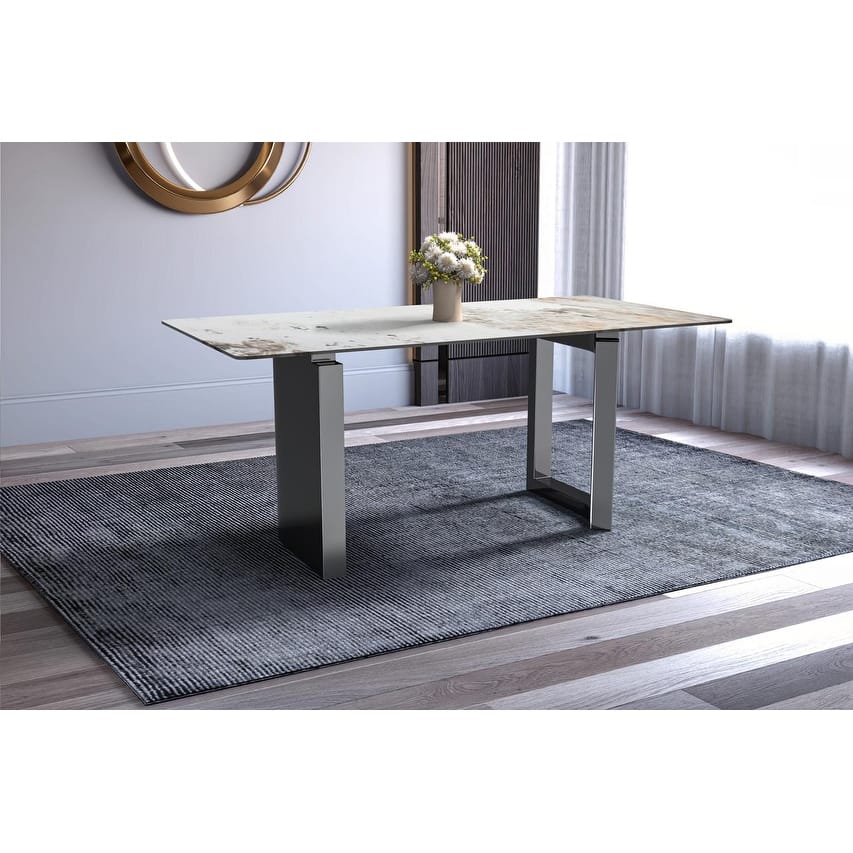 Astra Contemporary Rectangular Dining Table with Sintered Stone or Glass Top, Stainless Steel Base for Family and Entertainment