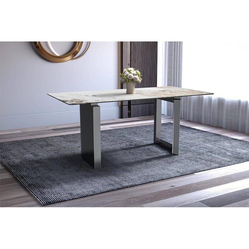 Astra Contemporary Rectangular Dining Table with Sintered Stone or Glass Top, Stainless Steel Base for Family and Entertainment