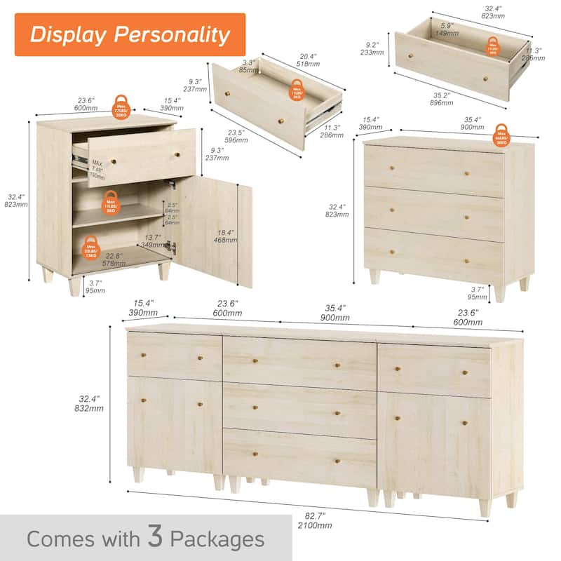 Wood Dresser with 5 Drawers and 2 Cabinets for Bedroom, 83" Wide