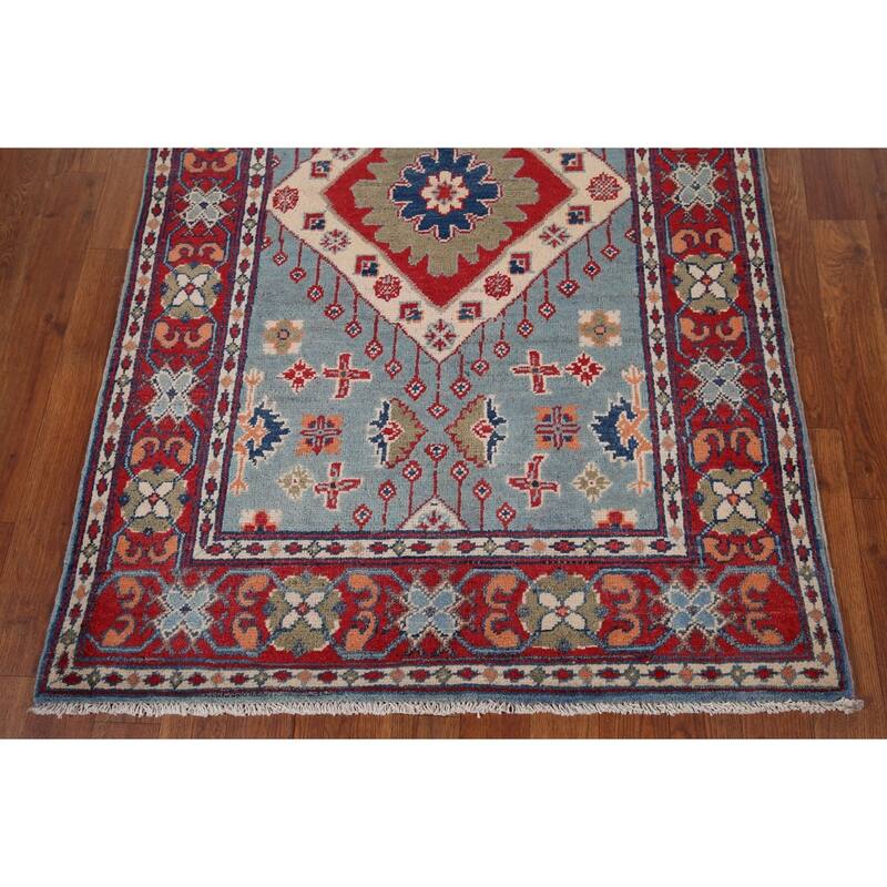 Light Blue Kazak Foyer Rug Hand-Knotted Wool Carpet - 3'3" x 4'11"