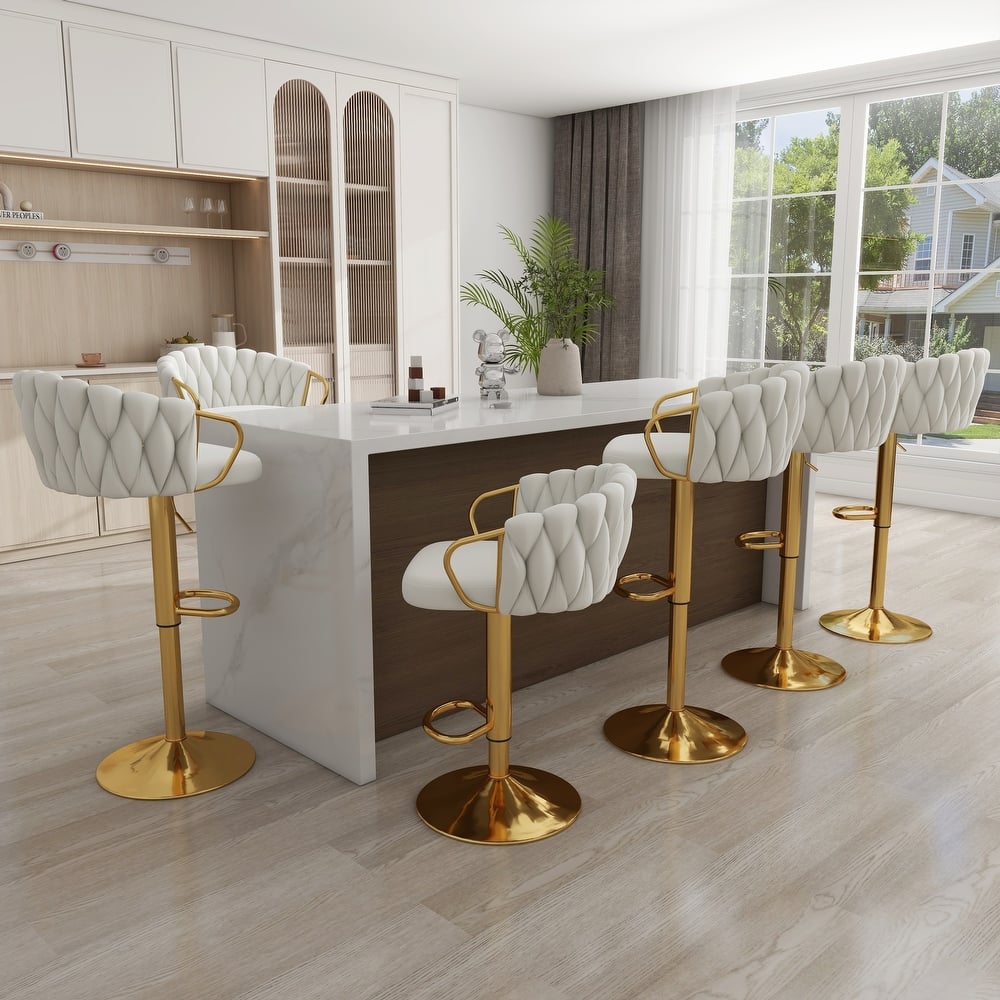 Set of 4 Bar Stool Adjustable Height Swivel Velvet Woven