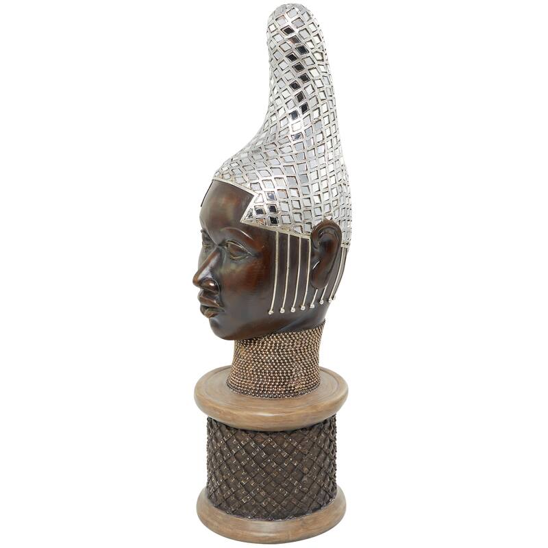 Brown Polystone Primitive African Mask and Standing African Woman Sculpture Wall Decor