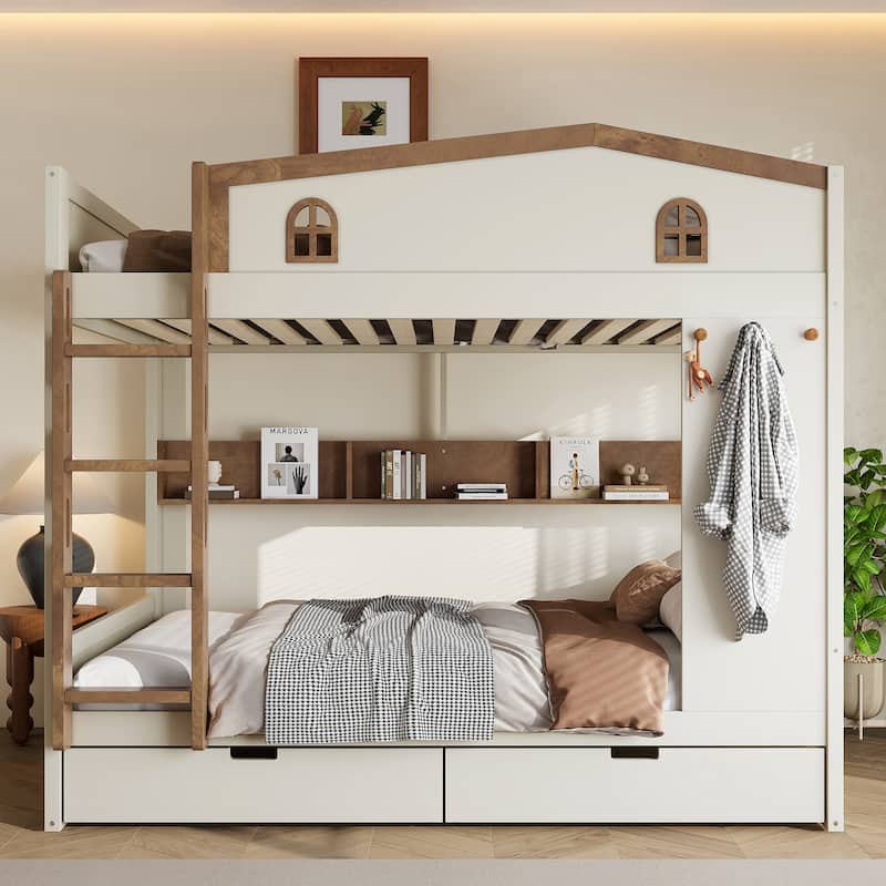 Queen over Queen Bunk Bed with Storage Drawers, Shelves & Hooks - Beige