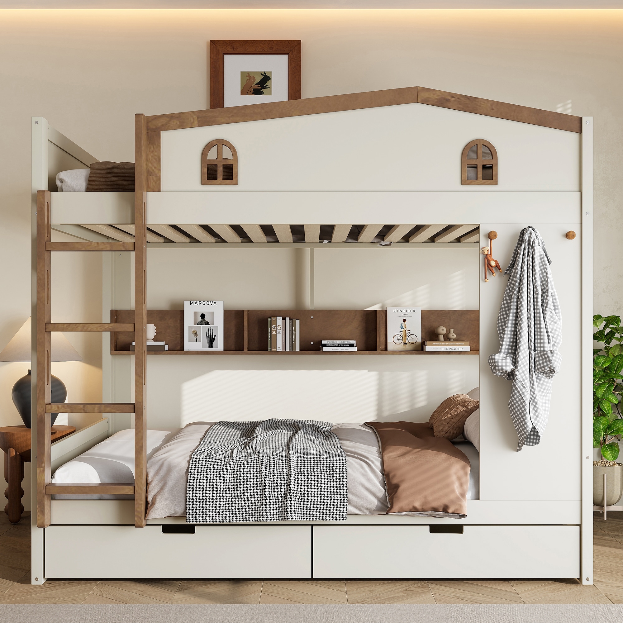 Roomfitters Queen over Queen Solid Wood Bunk Bed with Drawers and Shelves, Heavy Duty Frame with Hooks