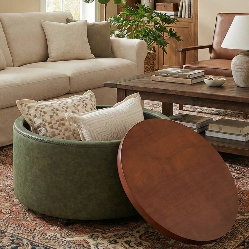 Christopher Knight Home - Mollet Modern 30" Round Hidden Storage Ottoman with Removable Wooden Lid & Rolling Wheel Casters