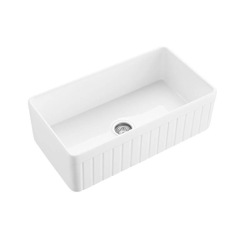 33" White Fireclay Farmhouse Undermount Kitchen Sink with Bottom Grid and Strainer