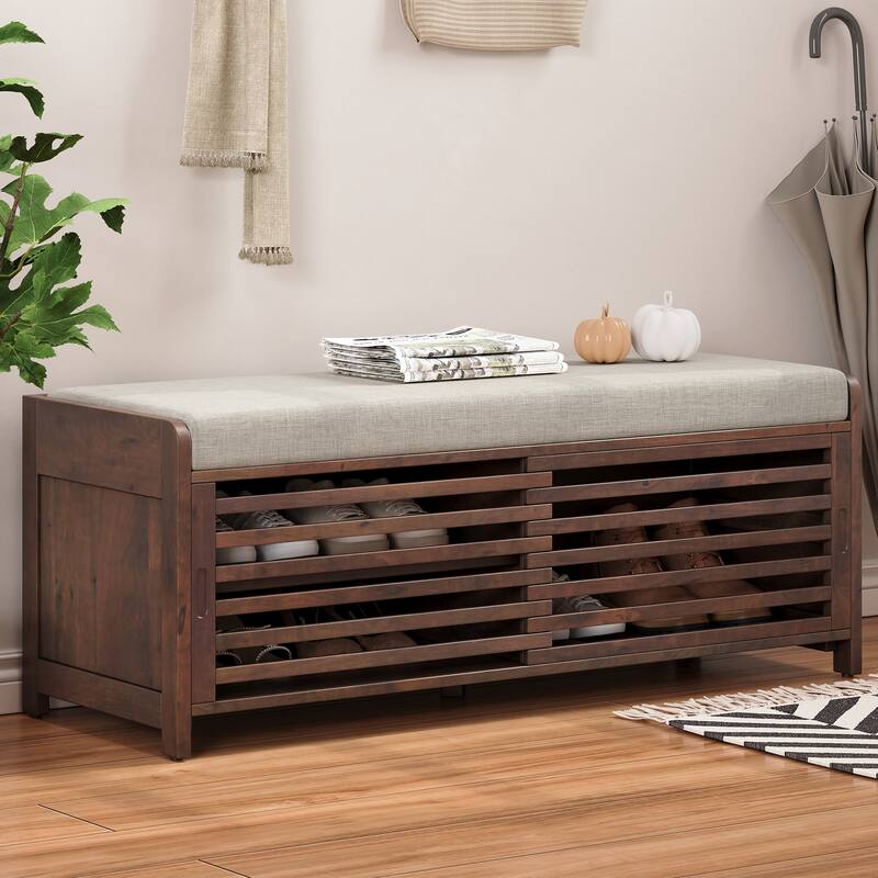 Distressed Shutter Storage Bench with Acacia Veneer for Retro Charm for Living Room, Entryway (White)