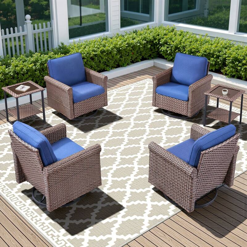 Pocassy Outdoor Sofa with Swivel Chairs Funiture Set - 6PCS Swivel Chairs w/ Table - Brown Wicker Beige Cushion