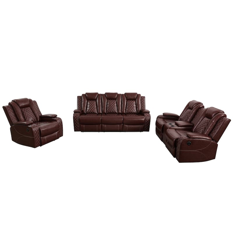 LED Breathing Leather 3-Piece Recliner Sofa Set for Living Room