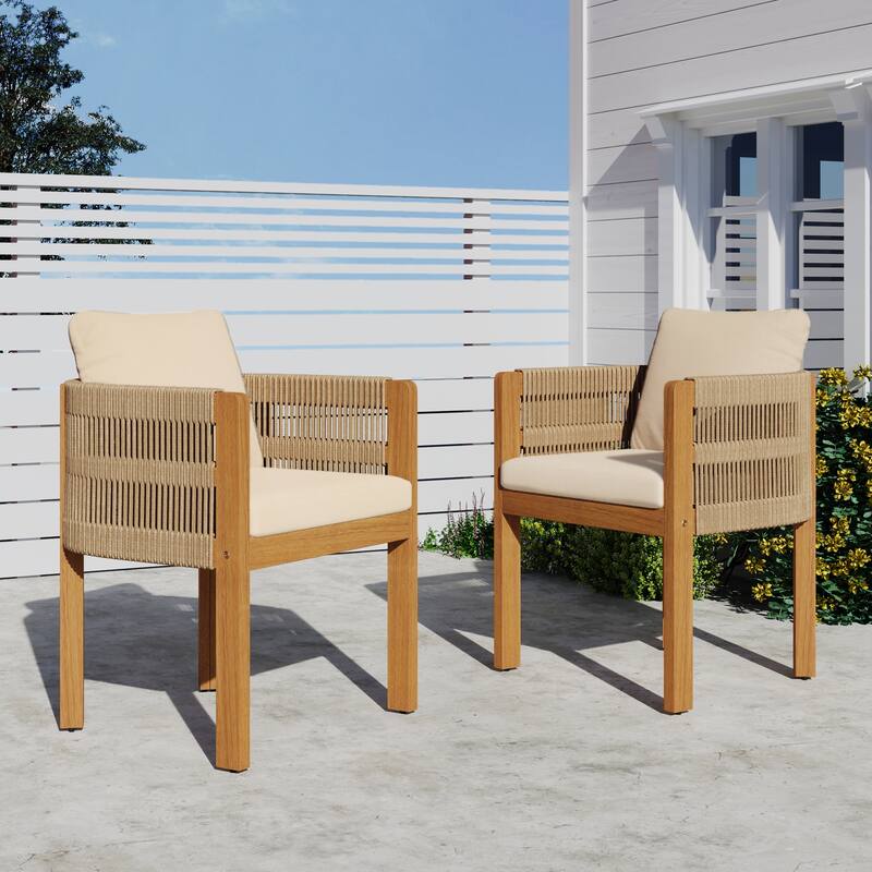 Acacia Wood Outdoor Dining Chairs 2-Pack with Brown Rope Handles, Washable Waterproof Cushions, 400 lbs Capacity - Beige+Teak
