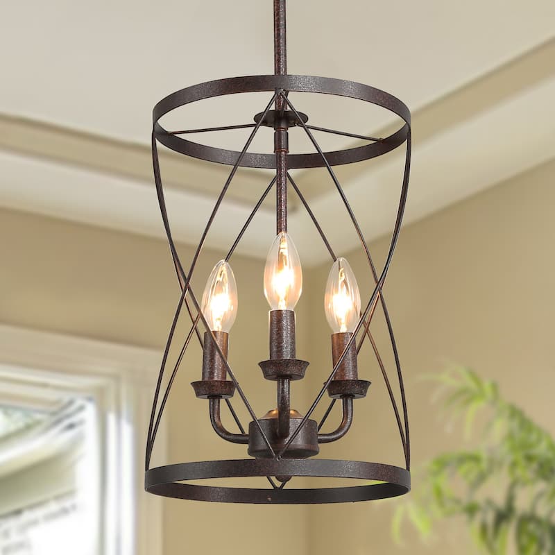 Farmhouse Rustic 1-Light Cage Cylinder Pendant Light for Kitchen Island - W 9.1"x H 24.4"