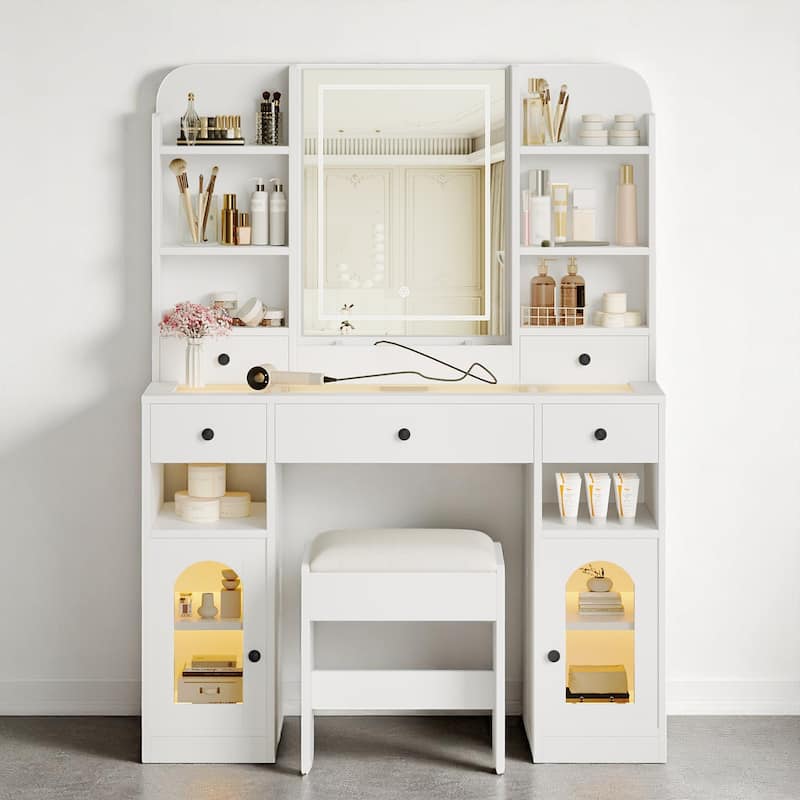 Modern Vanity Table with RGB LED Cabinets, Mirror with Lights, Charging Station, 5 Drawers and Stool, White Glass Makeup Desk - White