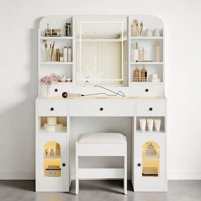 Modern Vanity Table with RGB LED Cabinets, Mirror with Lights, Charging Station, 5 Drawers and Stool, White Glass Makeup Desk