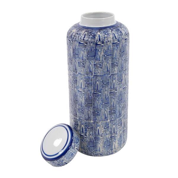 Shop Blue And White Crosshatched Ceramic Jar Large 14h X 6w X