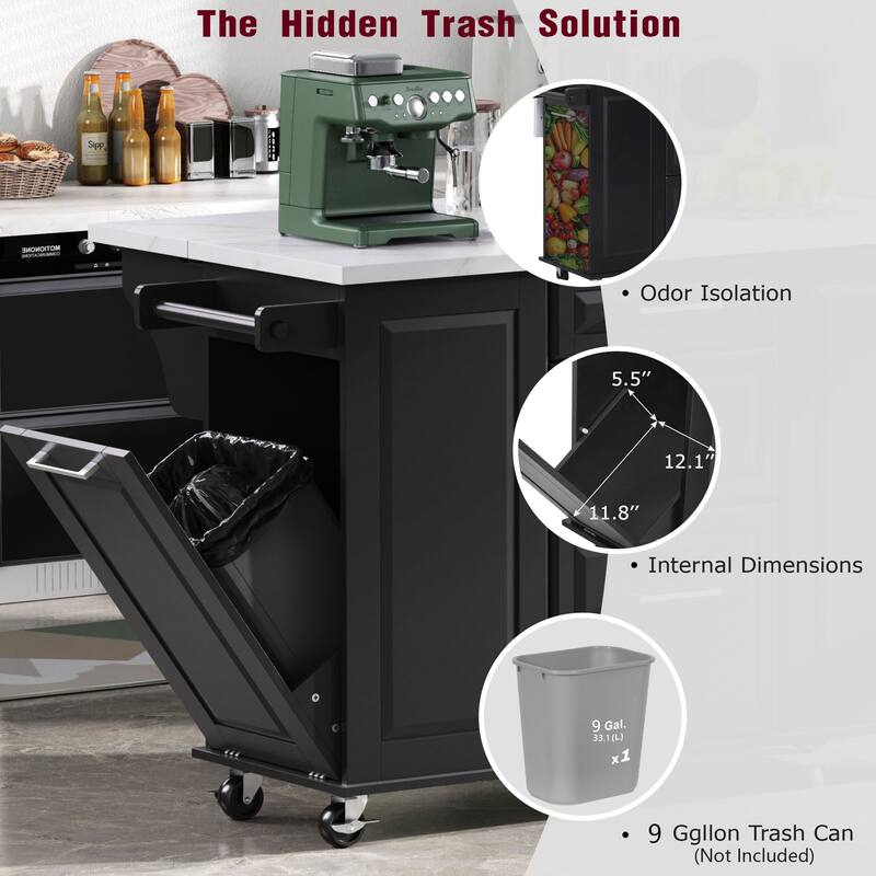 50.7" Rolling Kitchen Island with Tilt Trash Cabinet, Drop Leaf, Pull-Out Organizer, 2 Drawers and 1 Door