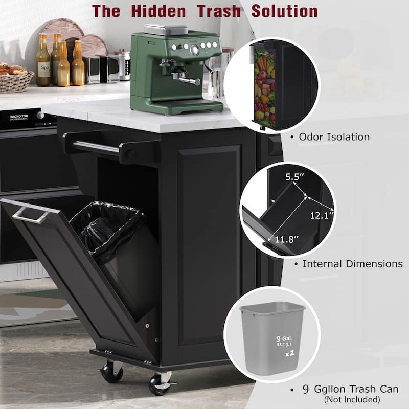 Morden 50.7" Kitchen Island with Storage Tilt Trash Can Cabinet and 2 Drawers