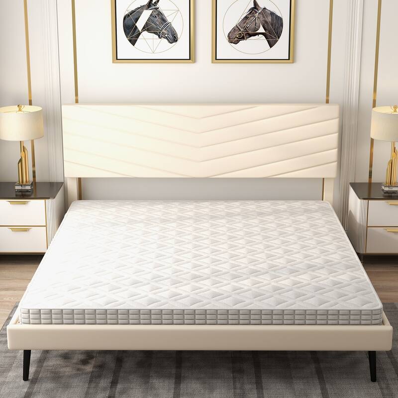 Platform Bed Frame with Adjustable Headboard, Velvet Upholstered - Beige - King
