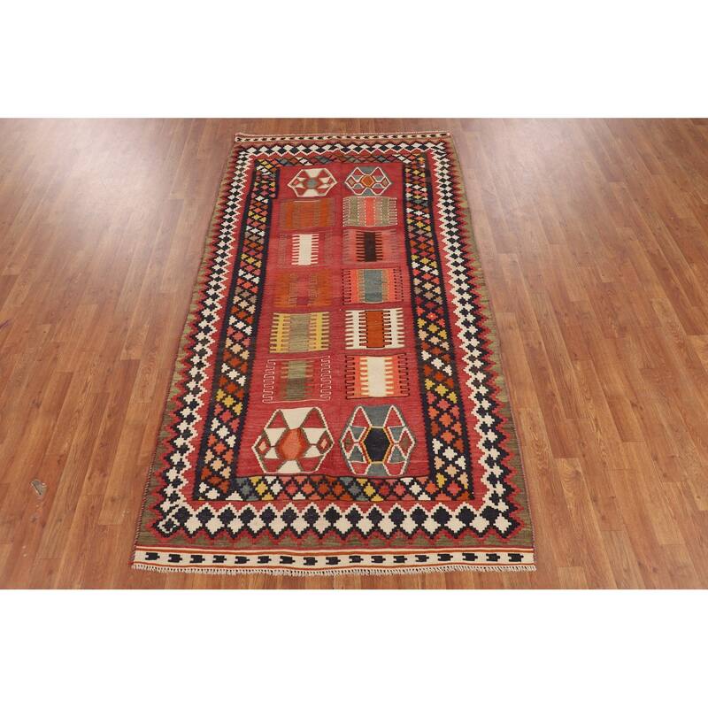 Kilim Qashqai Persian Vintage Rug Hand-Woven Red Tribal Wool Carpet - 5'5"x 9'9"