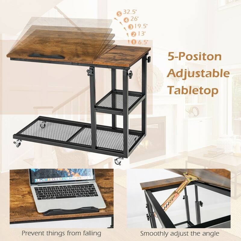 Height Adjustable C-Shaped End Table with Lockable Wheels and Tiltable Table Top - 31.5" x 16" x 25"-37.5"