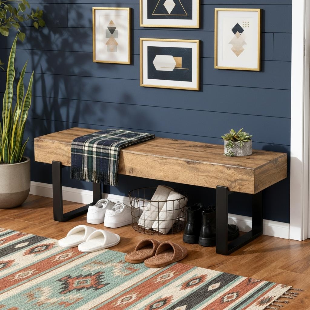 Sleek Modern Unupholstered Bench with Heavy-Duty Metal Legs by Harper&Bright Designs