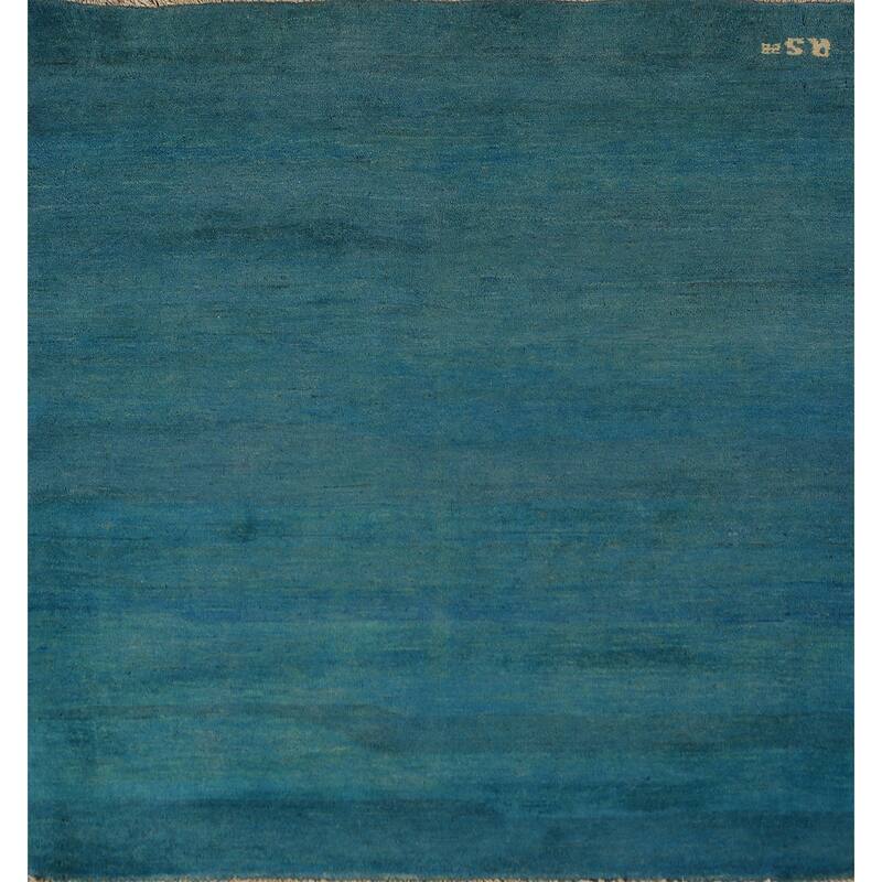 Teal Blue Gabbeh Square Oriental Rug Handmade Wool Carpet - 4'0" x 4'5"