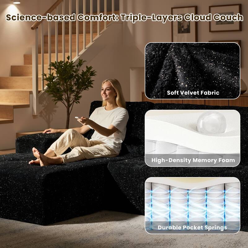 HOOOWOOO Modern Sparkly Velvet Fabric Chaise Sofa Couch with Ottoman