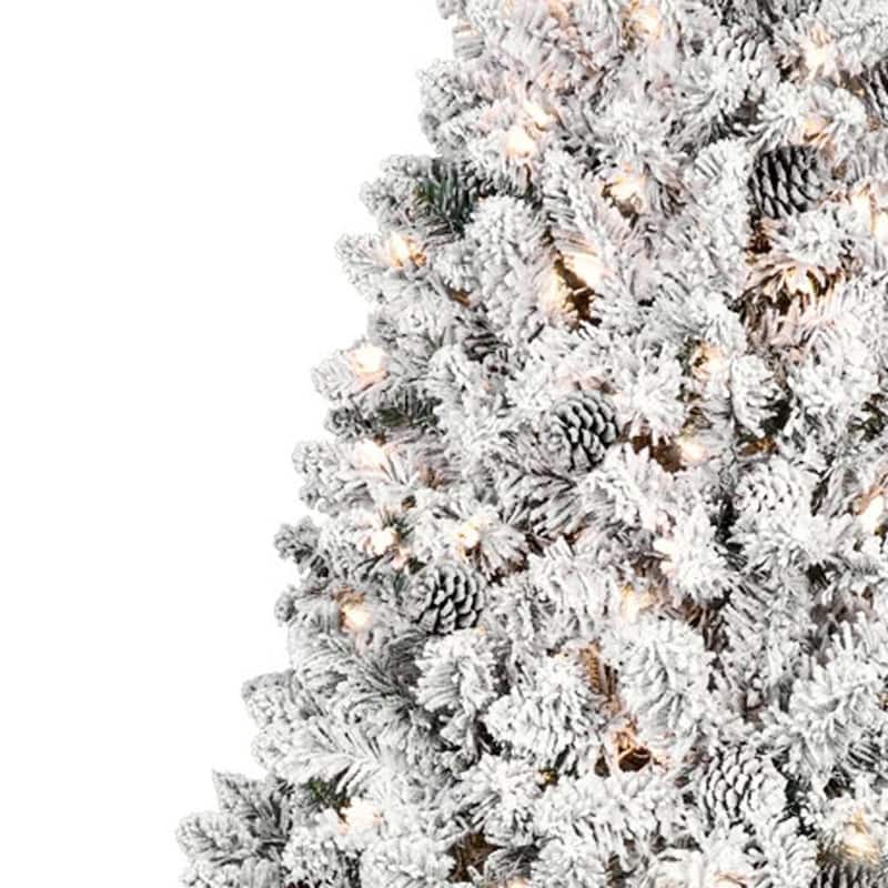 HomeRoots 9' Green And White Pre Lit Full Flocked Christmas Tree With Decorations - 65.00 in. x 108.00 in. x 65.00 in.