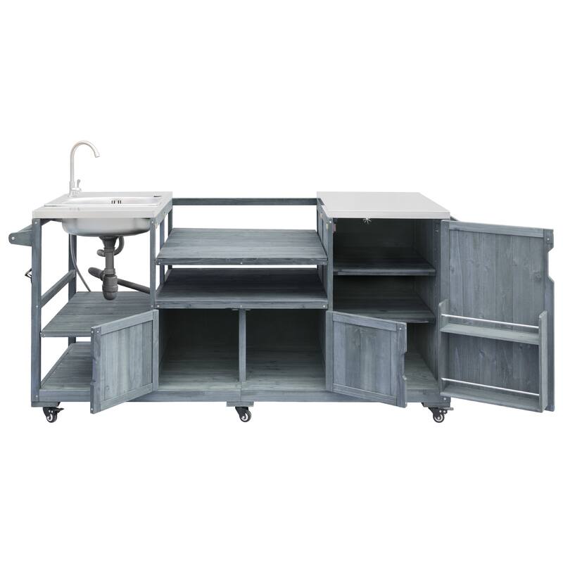 Roomfitters 75.4" Outdoor Kitchen Island with Sink, Fir Wood Grill Cart for XL Green Egg & Tabletop Grills